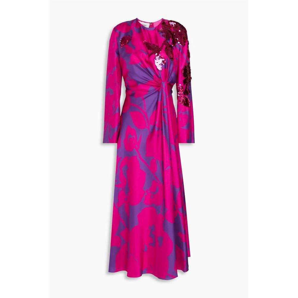 NEW VALENTINO embellished floral silk-faille midi dress in shocking pink/ purple - Picture 3 of 3